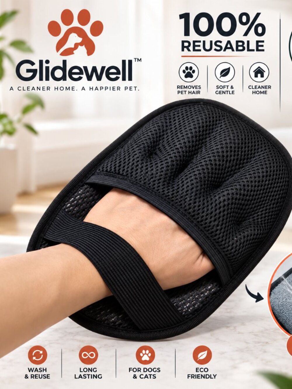 2x Pet Hair Removal Glove for Dogs & Cats, 2 Packs Five-Finger Grip, Black